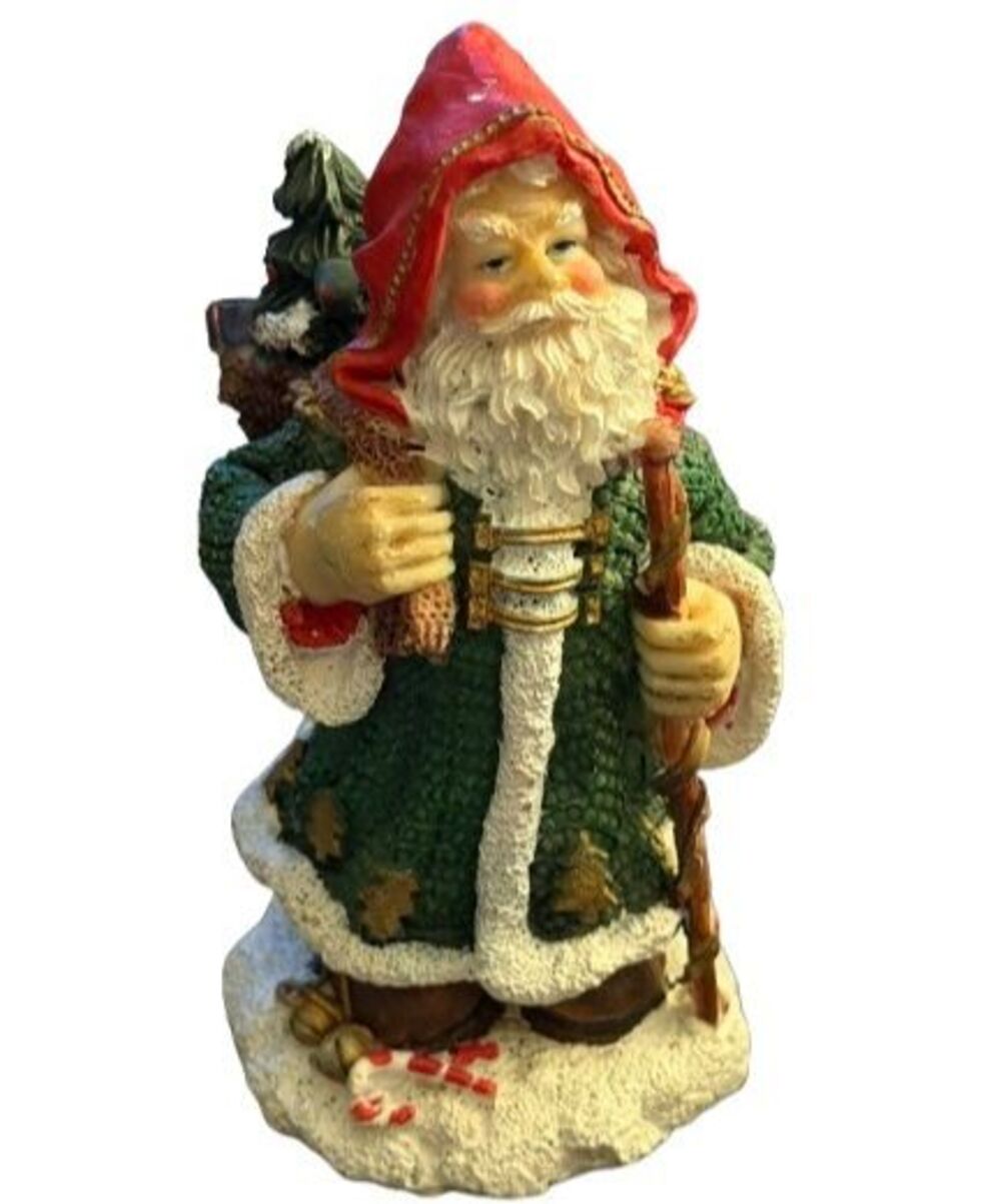 VTG Old World Santa Green Coat Staff Toy Basket Christmas Resin Figurine 4.5"